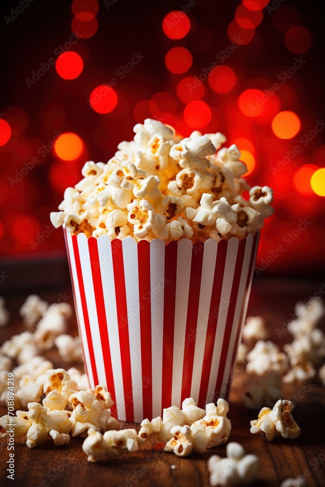 Red and white striped popcorn box with scattered popcorn against blurred red lights background Red and white striped popcorn box with scattered popcorn against blurred red lights background