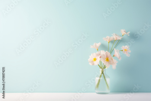 Delicate pink flowers in a clear glass vase against a soft blue background, ideal for minimalist decor