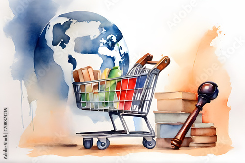World consumer rights day march 10 Shopping cart and judge gavel for consumer rights concept. International Justice Day July 17. Legal social justice concept. Perfect for poster banner template design
