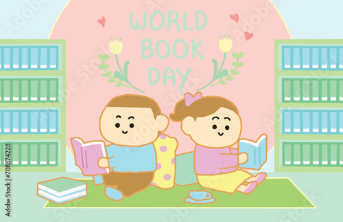 Couple happy to reading in library. cartoon style.