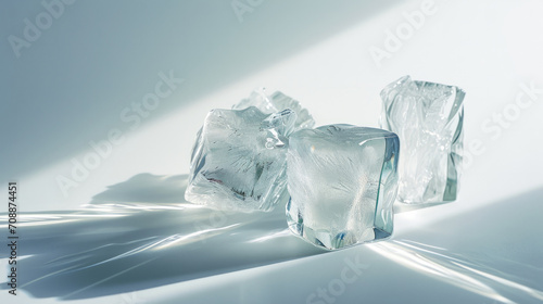 Translucent ice cubes casting long shadows on a smooth surface, highlighted by soft light photo