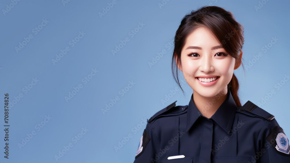 Asian woman in police uniform smiling isolated on pastel background Asian woman in police uniform smiling isolated on pastel background