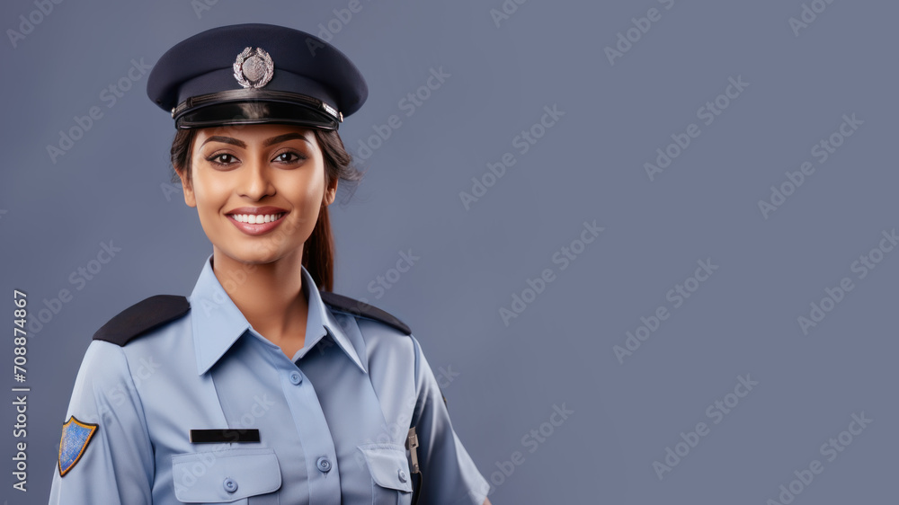 Indian woman in police uniform smiling isolated on pastel background Indian woman in police uniform smiling isolated on pastel background