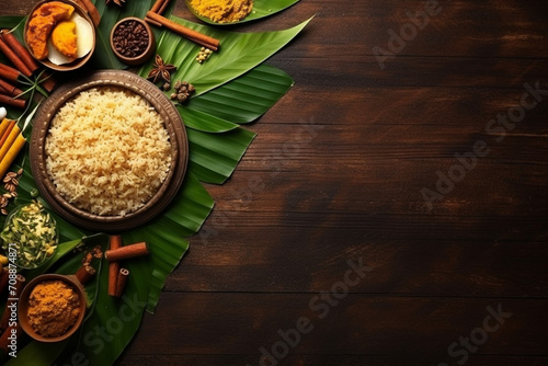 Traditional Thai Pongal foods are served on banana leaves. Festival day celebration with vegetarian meals rice and curries. Top view. Kerala food, cinnamon, milk rice, chutneys. Generative AI photo