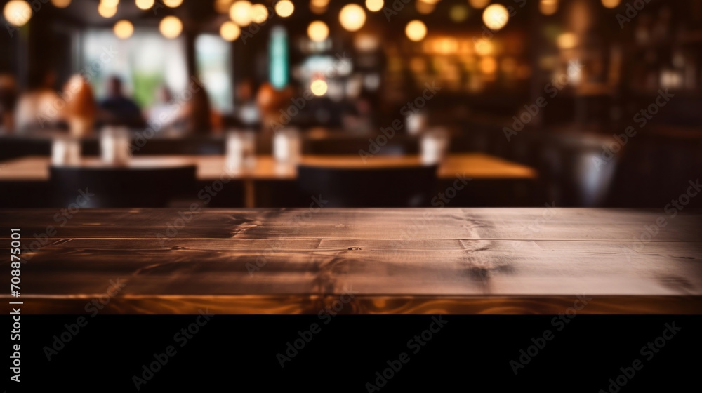 Empty wooden table and Coffee shop blur background with bokeh image.