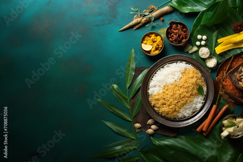 Traditional Thai Pongal foods are served on banana leaves. Festival day celebration with vegetarian meals rice and curries. Top view. Kerala food, cinnamon, milk rice, chutneys. Generative AI photo