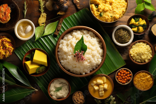 Traditional Thai Pongal foods are served on banana leaves. Festival day celebration with vegetarian meals rice and curries. Top view. Kerala food, cinnamon, milk rice, chutneys. Generative AI