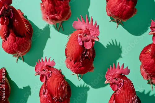 Cheerful red roosters on a mint green background creating a minimalist and rhythmic pattern photo