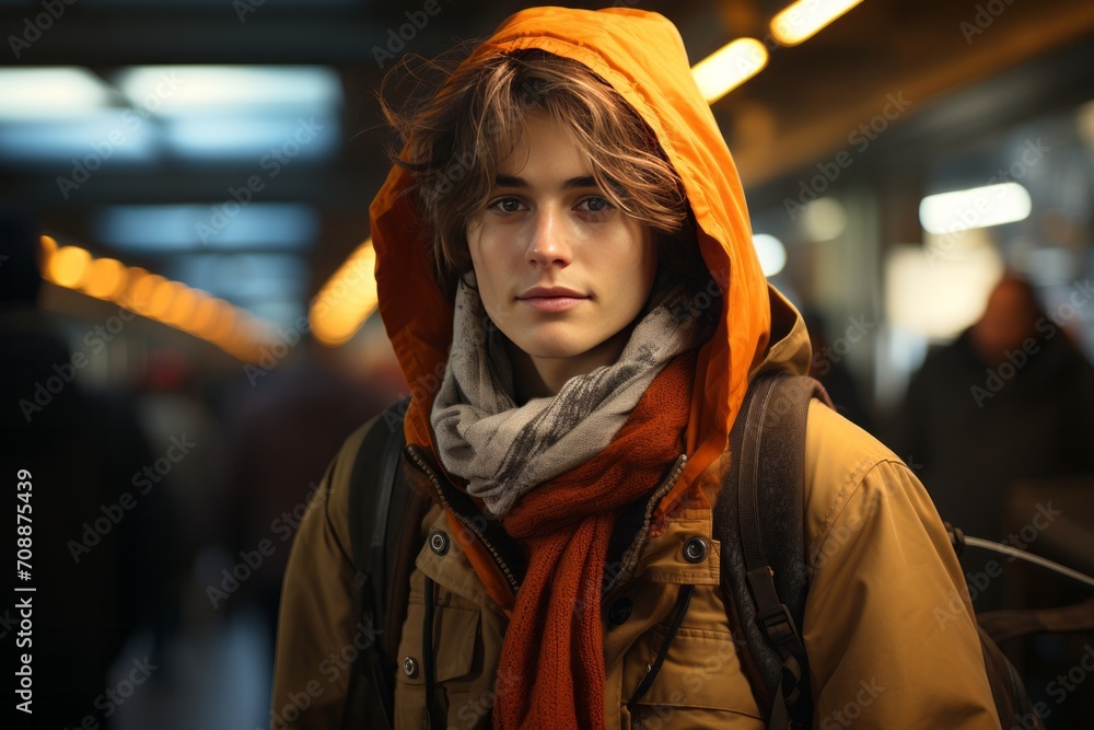 Photo Realistic of a Commuter in a Warm Puffer Coat and a Knitted Scarf, Generative AI Photo Realistic of a Commuter in a Warm Puffer Coat and a Knitted Scarf, Generative AI
