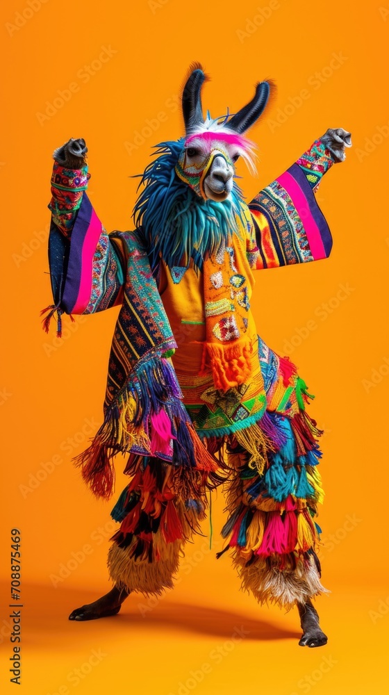 Cute lama wearing colorful clothes. Vertical background 
