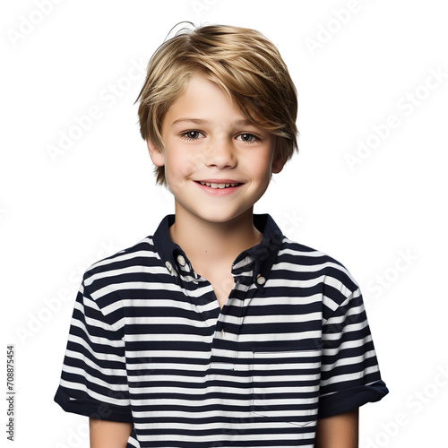 Front view mid shot of a 10-year-old white boy dressed in a blue striped shirt and black jeans, smiling on a white background