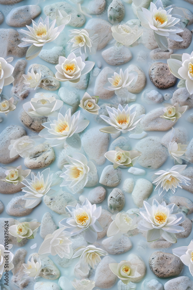 An artistic arrangement of white lotus flowers and varied stones creates a meditative pattern, evoking peace and introspection