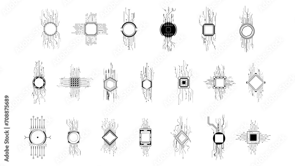 Obraz premium Set Abstract Collection Black Simple Line Cpu, Computer, Technology Doodle Outline Element Vector Design Style Sketch Isolated On White Background Illustration