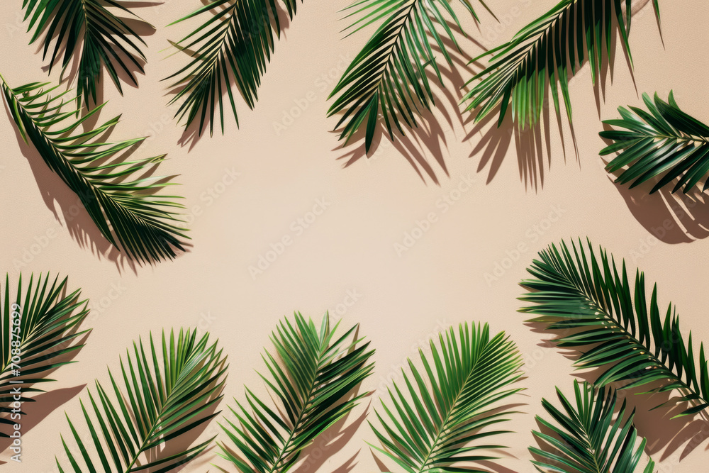 Scattered palm fronds cast elegant shadows on a neutral background, creating an organic and stylish pattern with a tropical feel