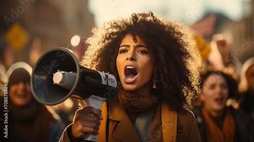 Young woman speaking through megaphone at a protest © Adobe Contributor
