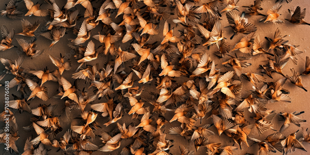 Top-down view capturing the dynamic pattern of numerous robin birds taking flight from a sandy background Top-down view capturing the dynamic pattern of numerous robin birds taking flight from a sandy background