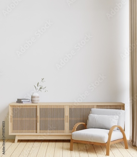 3D rendering minimal style living room with wooden floor ,white wall,big  couch sofa,big window,carpet,wooden cabinet,wall for mockup