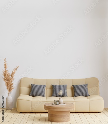 3D rendering minimal style living room with wooden floor ,white wall,big  couch sofa,big window,carpet,wooden cabinet,wall for mockup