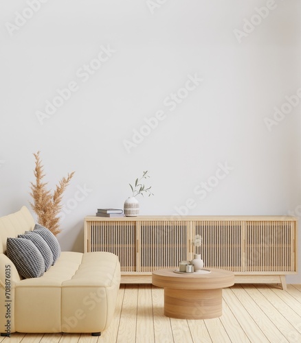 3D rendering minimal style living room with wooden floor ,white wall,big  couch sofa,big window,carpet,wooden cabinet,wall for mockup