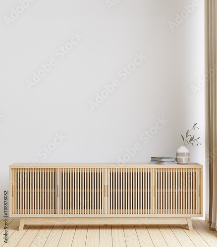 3D rendering minimal style living room with wooden floor ,white wall,big window,carpet,wooden cabinet,wall for mockup