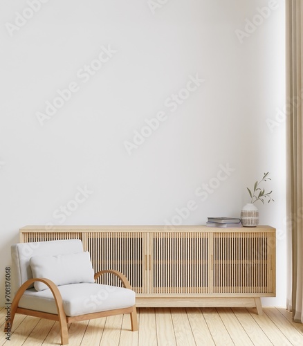 3D rendering minimal style living room with wooden floor ,white wall,big  couch sofa,big window,carpet,wooden cabinet,wall for mockup