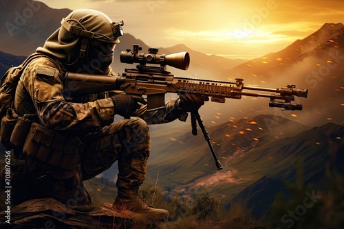 Military Sniper in Combat Gear Aiming Rifle on Mountain at Sunset