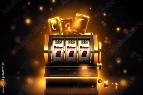Golden Slot Machine with Lucky 777 Jackpot on Sparkling Background