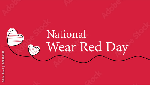 National wear red day background. Hand drawn heart line art background on red background.