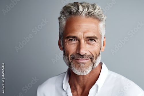 Portrait of a Handsome Mature Man with Silver Hair and Confident Smile