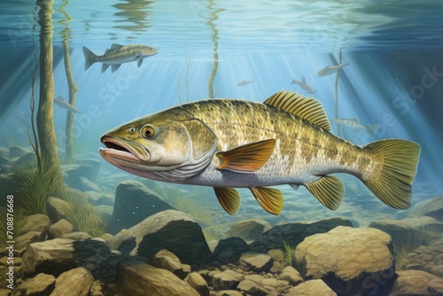 Largemouth Bass Swimming in Freshwater Aquatic Habitat