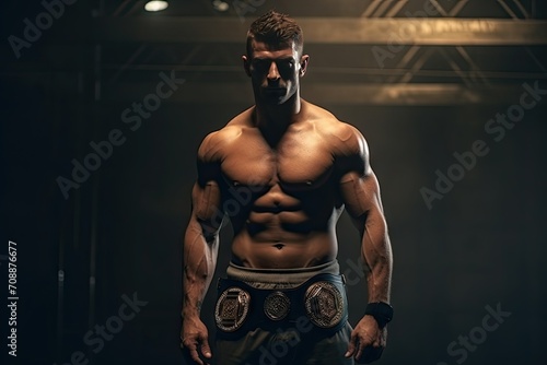 Muscular Champion Bodybuilder with Championship Belts