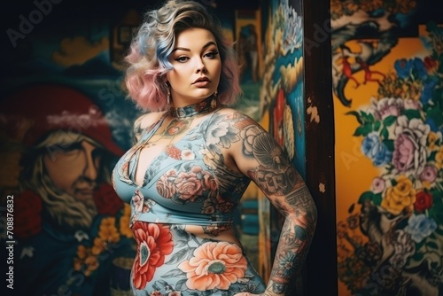 Tattooed Woman with Colorful Hairstyle Posing Artistically