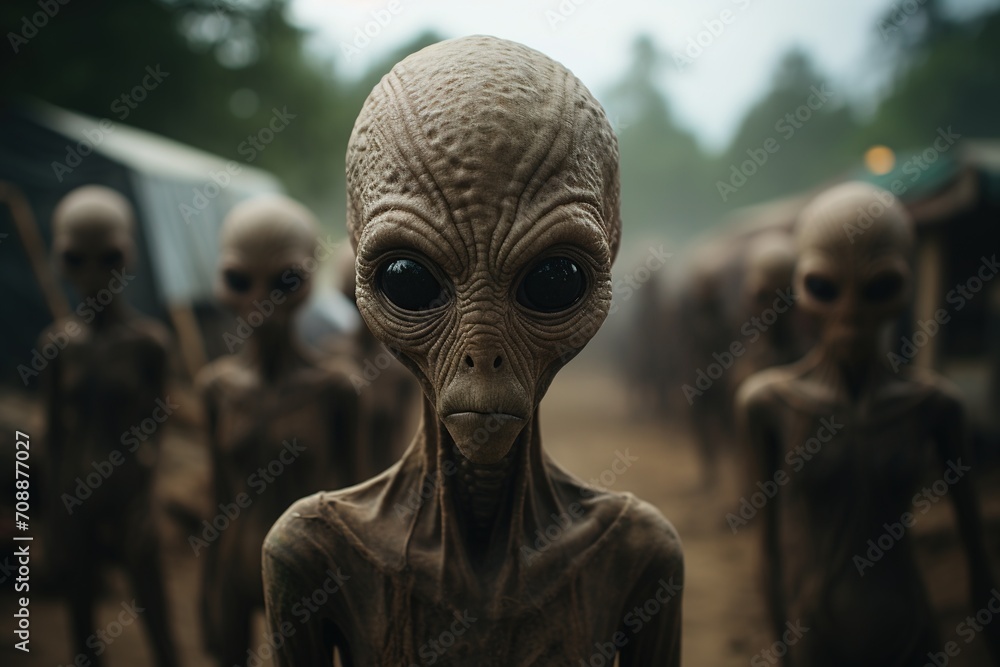 A group of aliens standing in a forest A group of aliens standing in a forest