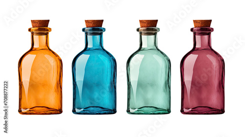 old empty glass bottles, different colors, isolated