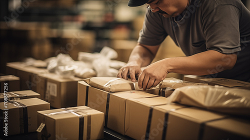 providing an authentic glimpse into the meticulous process of packing goods for delivery, featuring the hands-on approach of individuals preparing items for shipment