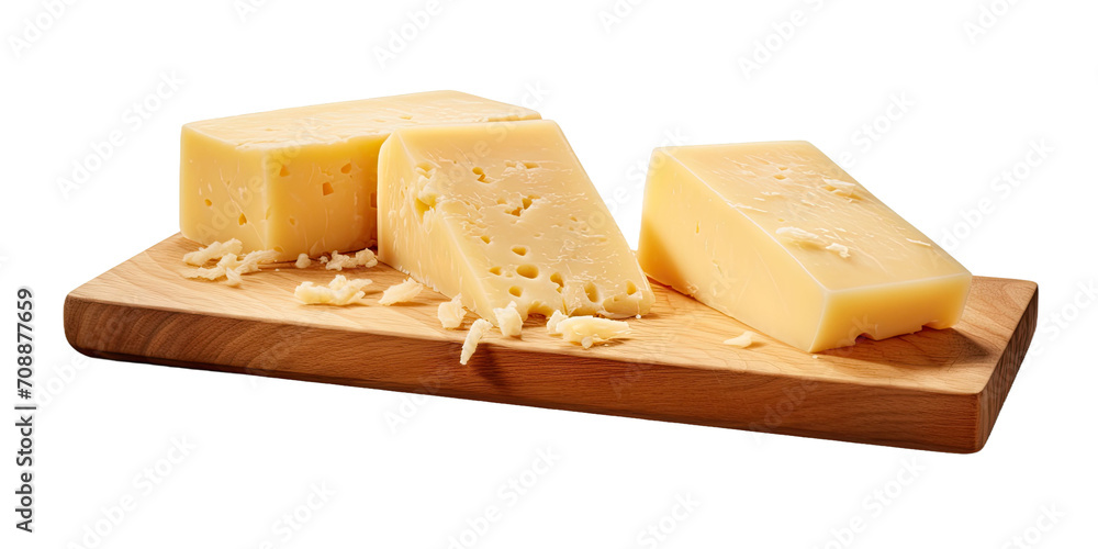 Parmesan cheese on a wooden block, slices, set, isolated