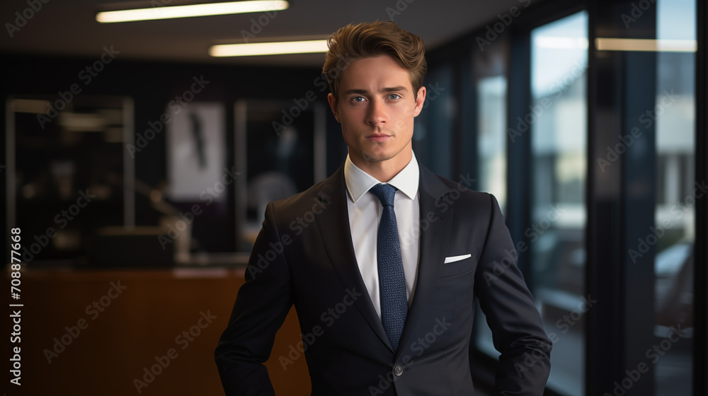 a handsome young business man standing confidently in the office