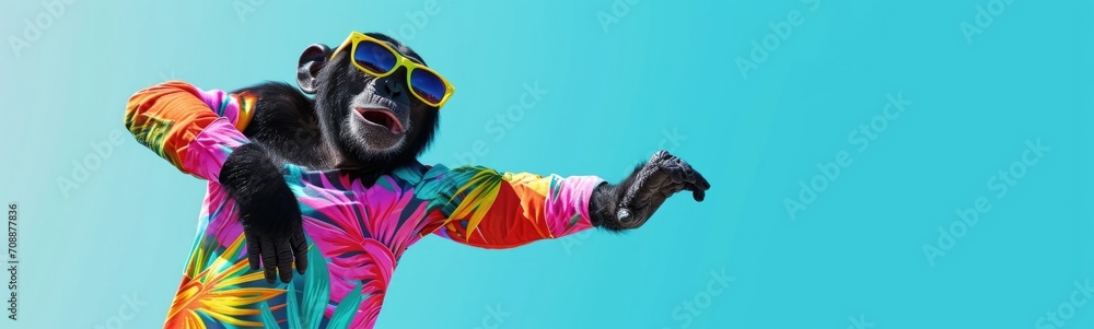 Monkey wearing colorful clothes dancing on blue background . Banner - obrazy, fototapety, plakaty 
