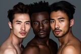 Striking beauty portrait in a studio setting featuring three men of diverse nationalities