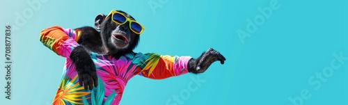 Monkey wearing colorful clothes dancing on blue background . Banner