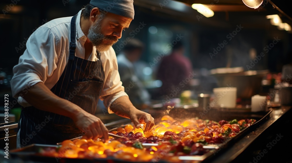 Chef cooking food in a busy kitchen Chef cooking food in a busy kitchen