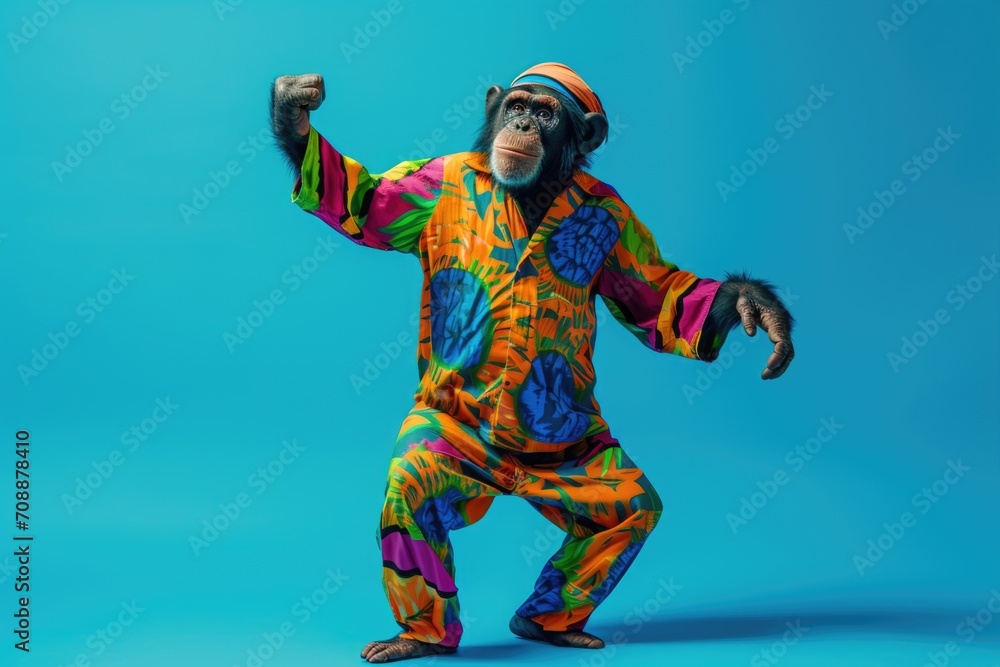 Monkey wearing colorful clothes dancing on blue background . 