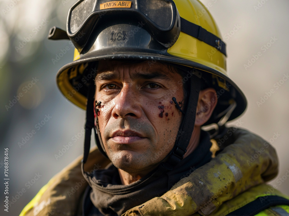 Portrait of a male firefighter in a fire affected area. Portrait of a male firefighter in a fire affected area.