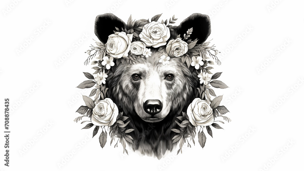mama bear, simple black and white graphic, modern and elegant, florals on and around bear