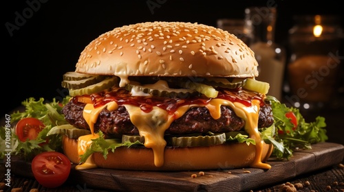 Close-up image of a delicious cheeseburger with pickles and lettuce