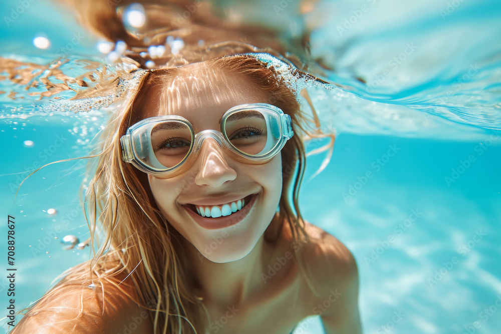 A young woman is swimming in the pool wearing swimming goggles. water sports, water treatments. A young woman is swimming in the pool wearing swimming goggles. water sports, water treatments.