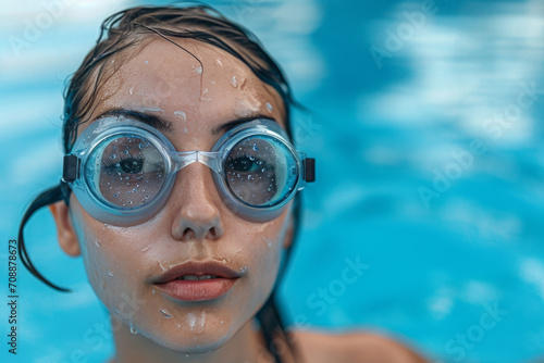 A young woman is swimming in the pool wearing swimming goggles. water sports, water treatments. © MaskaRad