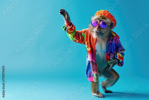 Monkey wearing colorful clothes dancing on blue background . 