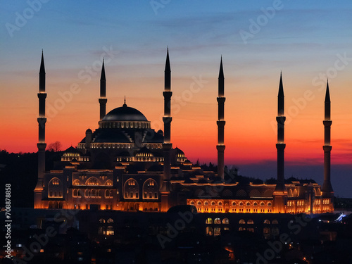 Mosque in Sunset Drone Photo, Camlica Mosque Uskudar, Istanbul Turkiye (Turkey) photo
