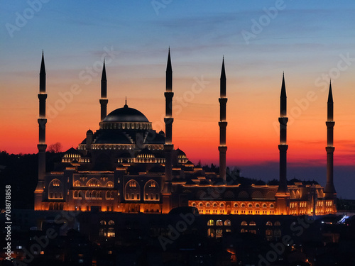 Mosque in Sunset Drone Photo, Camlica Mosque Uskudar, Istanbul Turkiye (Turkey)